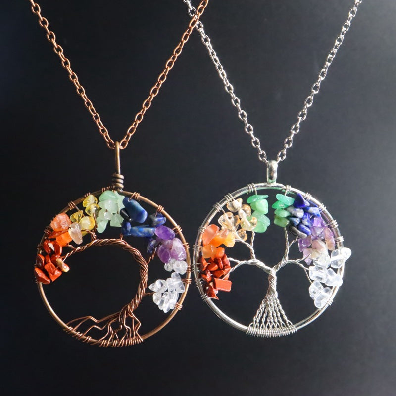 7-color aura natural stone crystal gravel fortune tree hand-wound tree of life pendant necklace jewelry