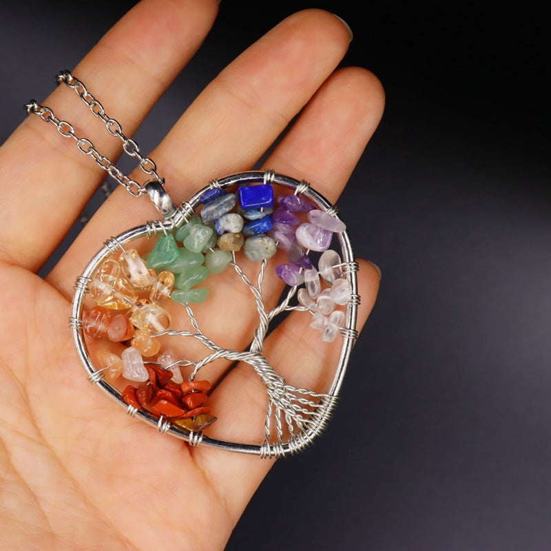 7-color aura natural stone crystal gravel fortune tree hand-wound tree of life pendant necklace jewelry