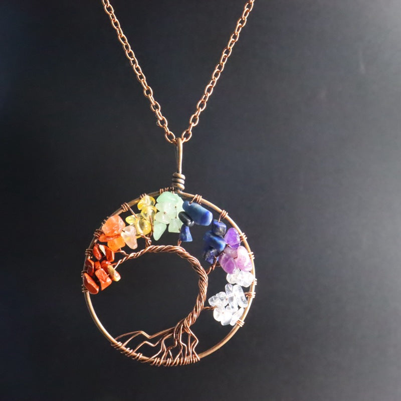7-color aura natural stone crystal gravel fortune tree hand-wound tree of life pendant necklace jewelry