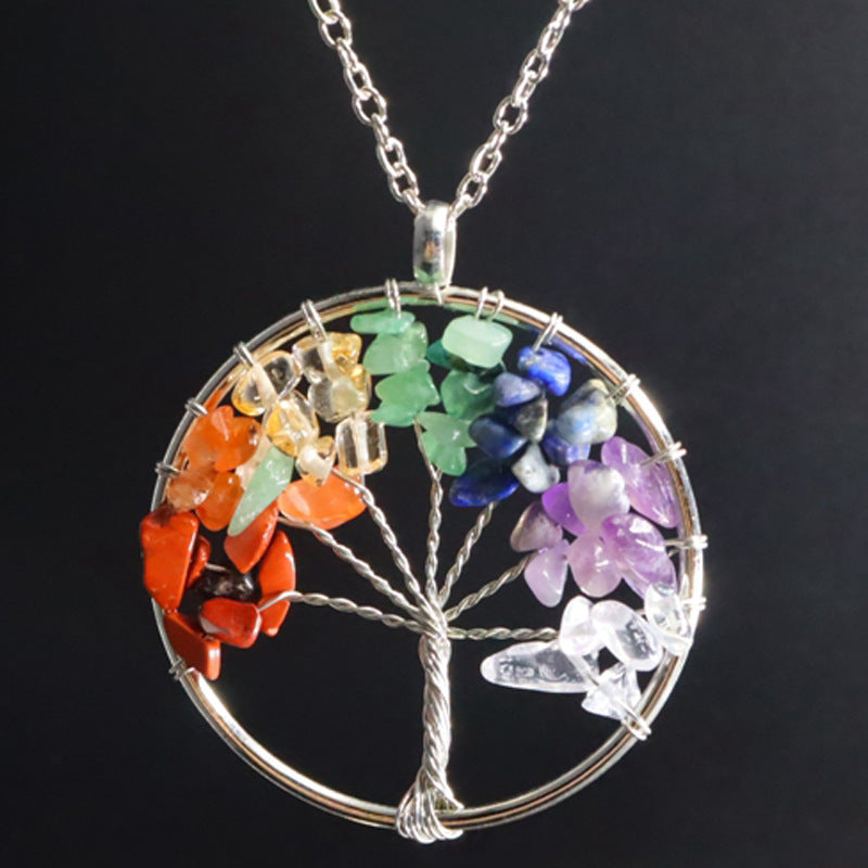 7-color aura natural stone crystal gravel fortune tree hand-wound tree of life pendant necklace jewelry