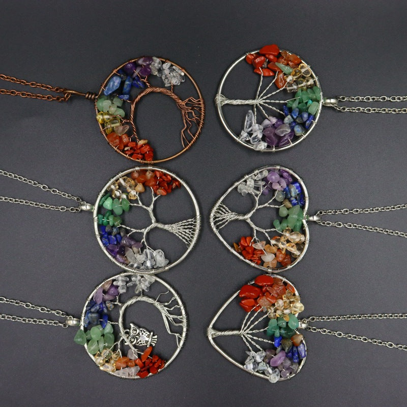 7-color aura natural stone crystal gravel fortune tree hand-wound tree of life pendant necklace jewelry
