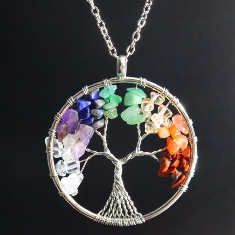 7-color aura natural stone crystal gravel fortune tree hand-wound tree of life pendant necklace jewelry