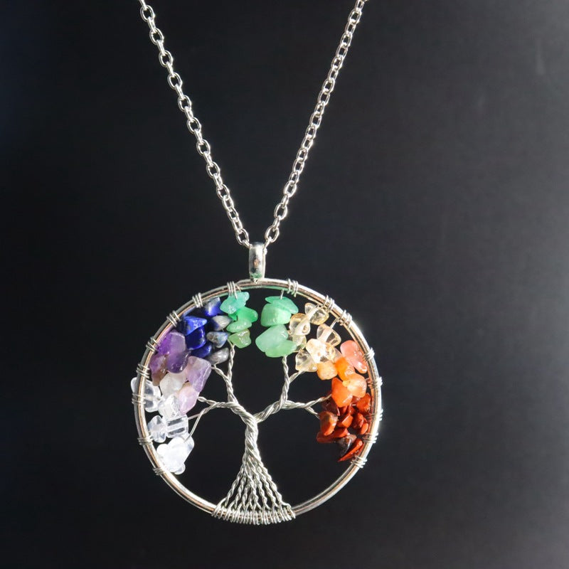 7-color aura natural stone crystal gravel fortune tree hand-wound tree of life pendant necklace jewelry