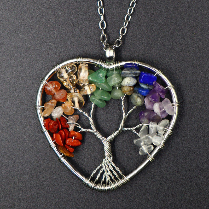 7-color aura natural stone crystal gravel fortune tree hand-wound tree of life pendant necklace jewelry