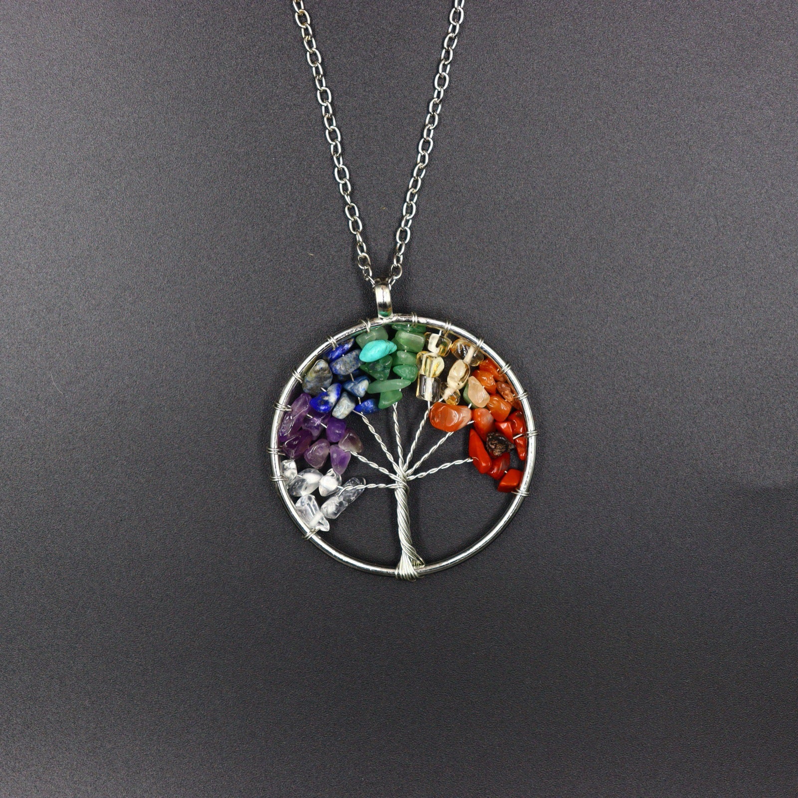 7-color aura natural stone crystal gravel fortune tree hand-wound tree of life pendant necklace jewelry