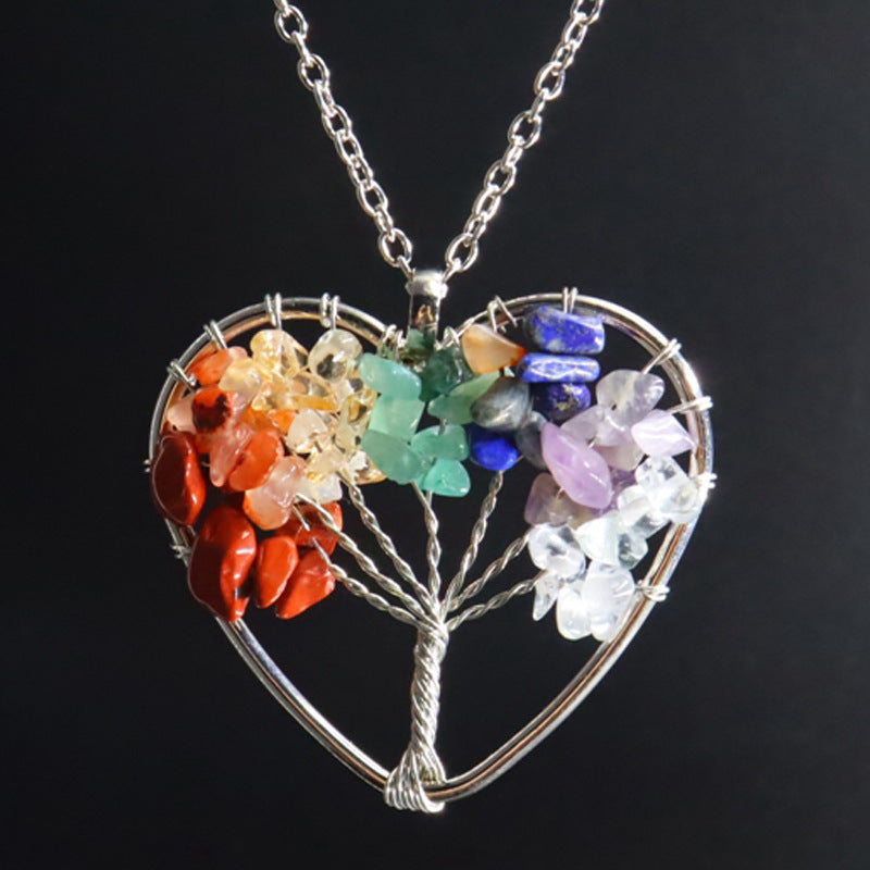 7-color aura natural stone crystal gravel fortune tree hand-wound tree of life pendant necklace jewelry