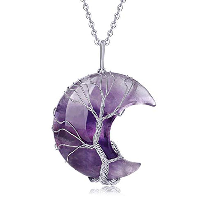 Natural stone amethyst moon tree of life pendant necklace winding winding handmade fortune tree crystal DIY necklace