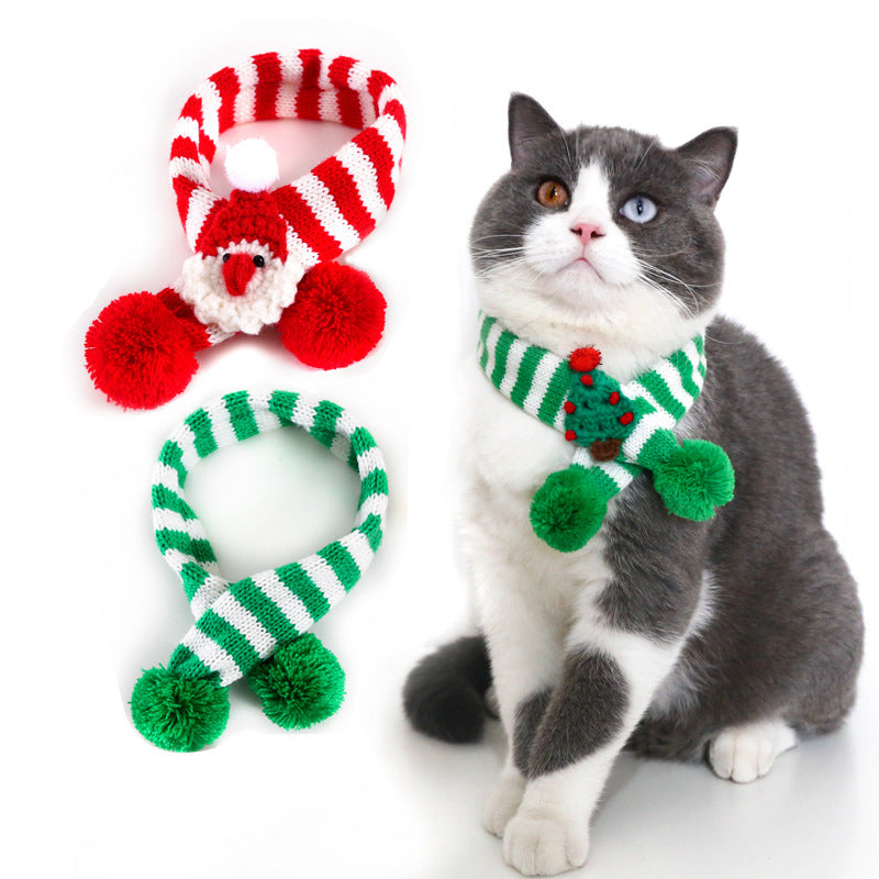 Cross-border cat dog Santa Claus adjustable collar saliva towel pet knitted wool striped Christmas scarf